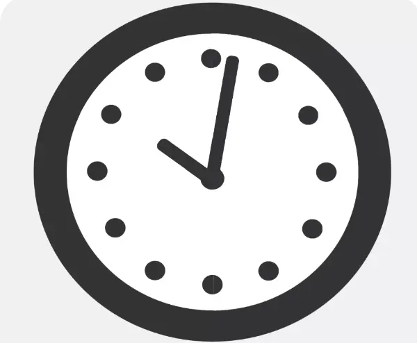 Schwarz-weiße Linienzeichnung einer analogen Uhr mit Zeigern auf 11 Uhr und 12 Minuten.