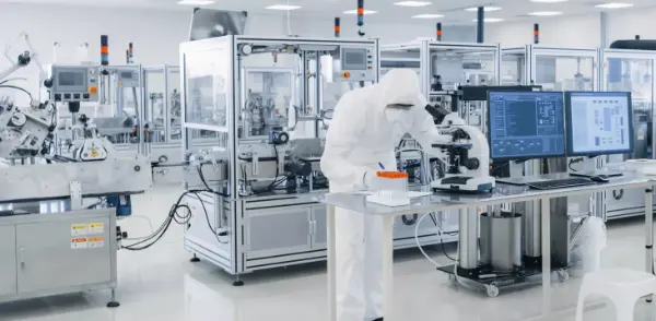 Laborant in weißem Schutzanzug arbeitet an einem Mikroskop in einem modernen Labor mit mehreren Monitoren und technischen Geräten.