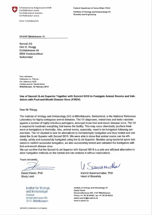 Briefkopf des Instituts für Virologie und Immunologie IVI mit Text an Sanosil AG über die Wirksamkeit von Sanosil Q-Jet Superior und Sanosil S015 bei der Bekämpfung von Fuß-Mund-Krankheit bei Tieren.