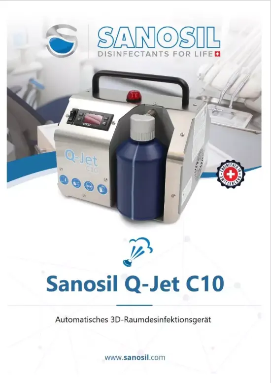 Automatisches 3D-Raumdesinfektionsgerät Sanosil Q-Jet C10 mit blauem Behälter und Bedienfeld, Logo und Schweizer Kreuz.