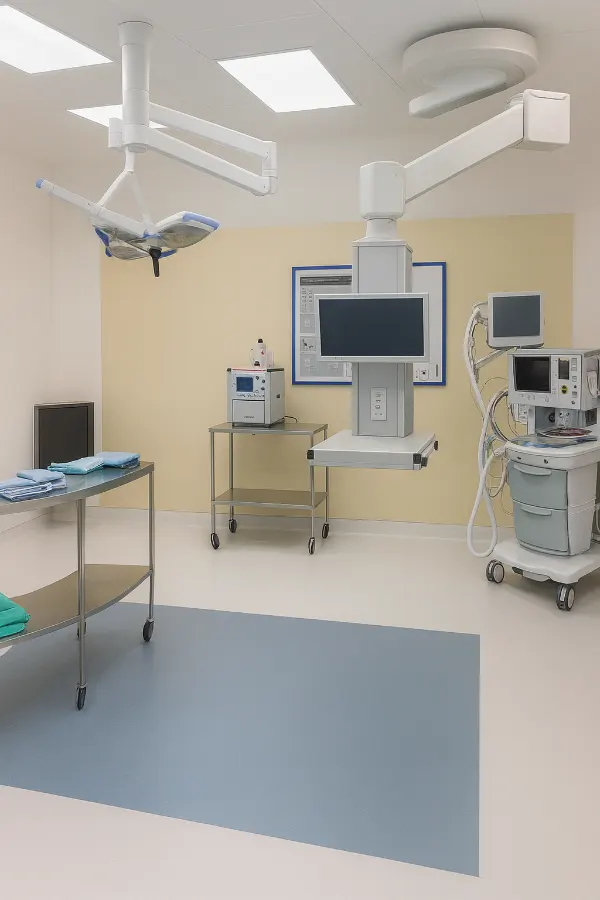 Helles medizinisches Behandlungszimmer mit mehreren Monitoren, medizinischen Geräten und zwei rollbaren Tischen.