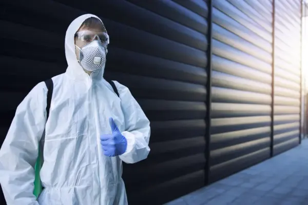 Person in weißem Schutzanzug und blauen Handschuhen zeigt Daumen hoch vor einer schwarzen, horizontal geriffelten Wand.