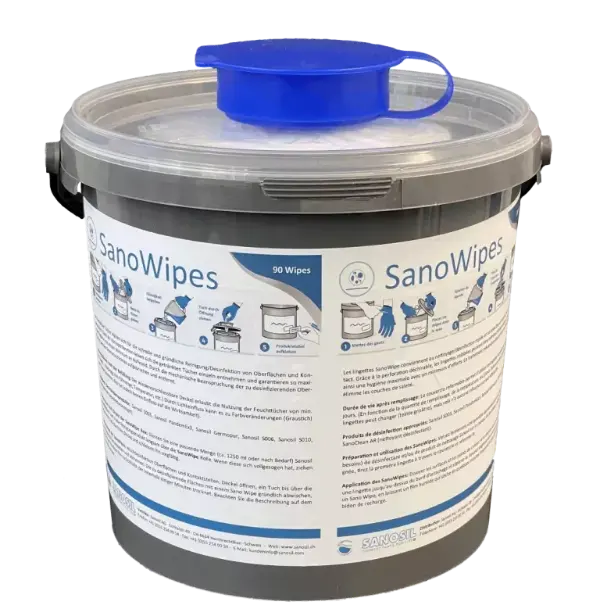Grauer Eimer mit transparentem Deckel und blauem Verschluss, Aufschrift 'SanoWipes', zeigt Anwendungsschritte für Reinigungstücher.