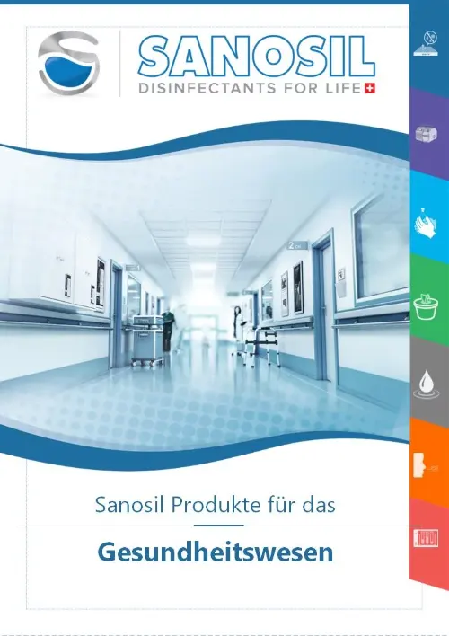 Flur in einem Krankenhaus mit mehreren Türen und medizinischen Geräten, darüber das Logo von Sanosil und der Text 'Sanosil Produkte für das Gesundheitswesen'.