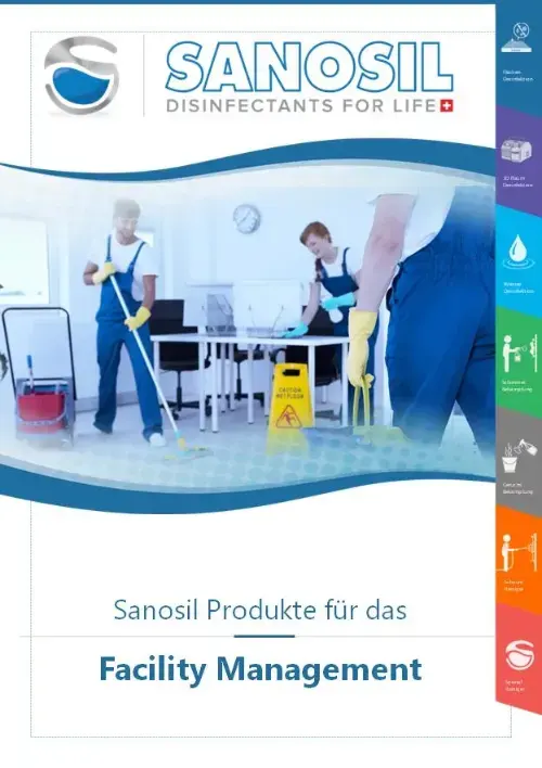 Drei Reinigungskräfte in blauer Arbeitskleidung wischen und reinigen einen Büroraum mit Tischen und Stühlen.