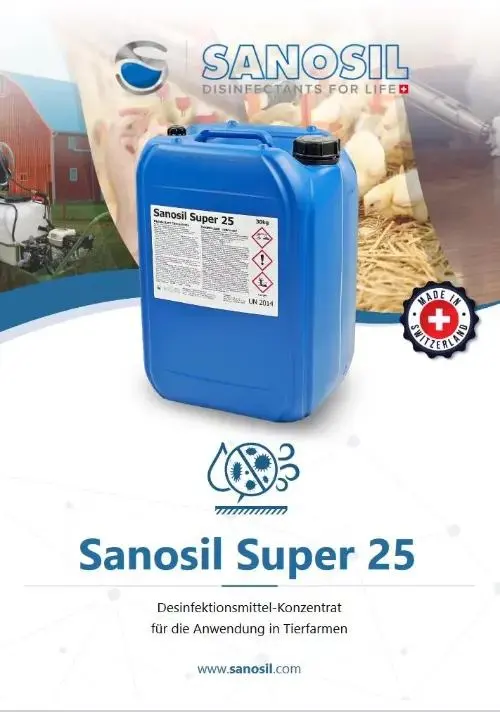 Sanosil Super 25 Produktflasche mit grünem Etikett, zur Desinfektion und Reinigung von Oberflächen.