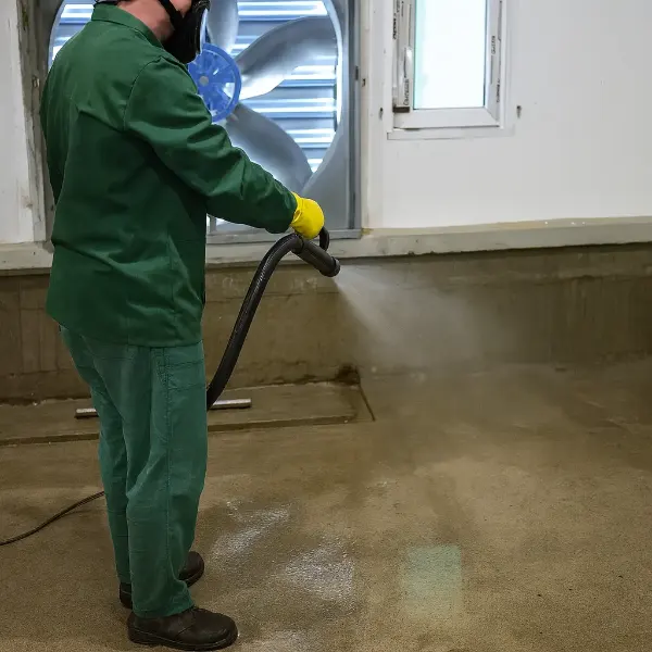 Ein Mann in grüner Uniform reinigt den Stall mit Glutaraldehyd-Desinfektionsmitte